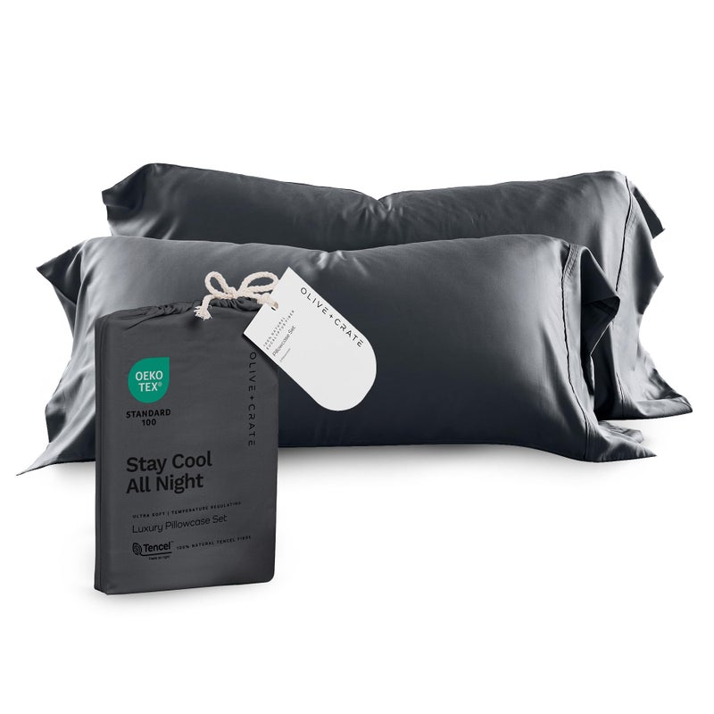 Olive + Crate Eucalyptus Cooling Pillowcases Queen Size | Certified Tencel Lyocell Fiber | Cool Vegan Silk Static Free for Skin and Hair | Softer Than Cotton and Linen | Charcoal - Image 1